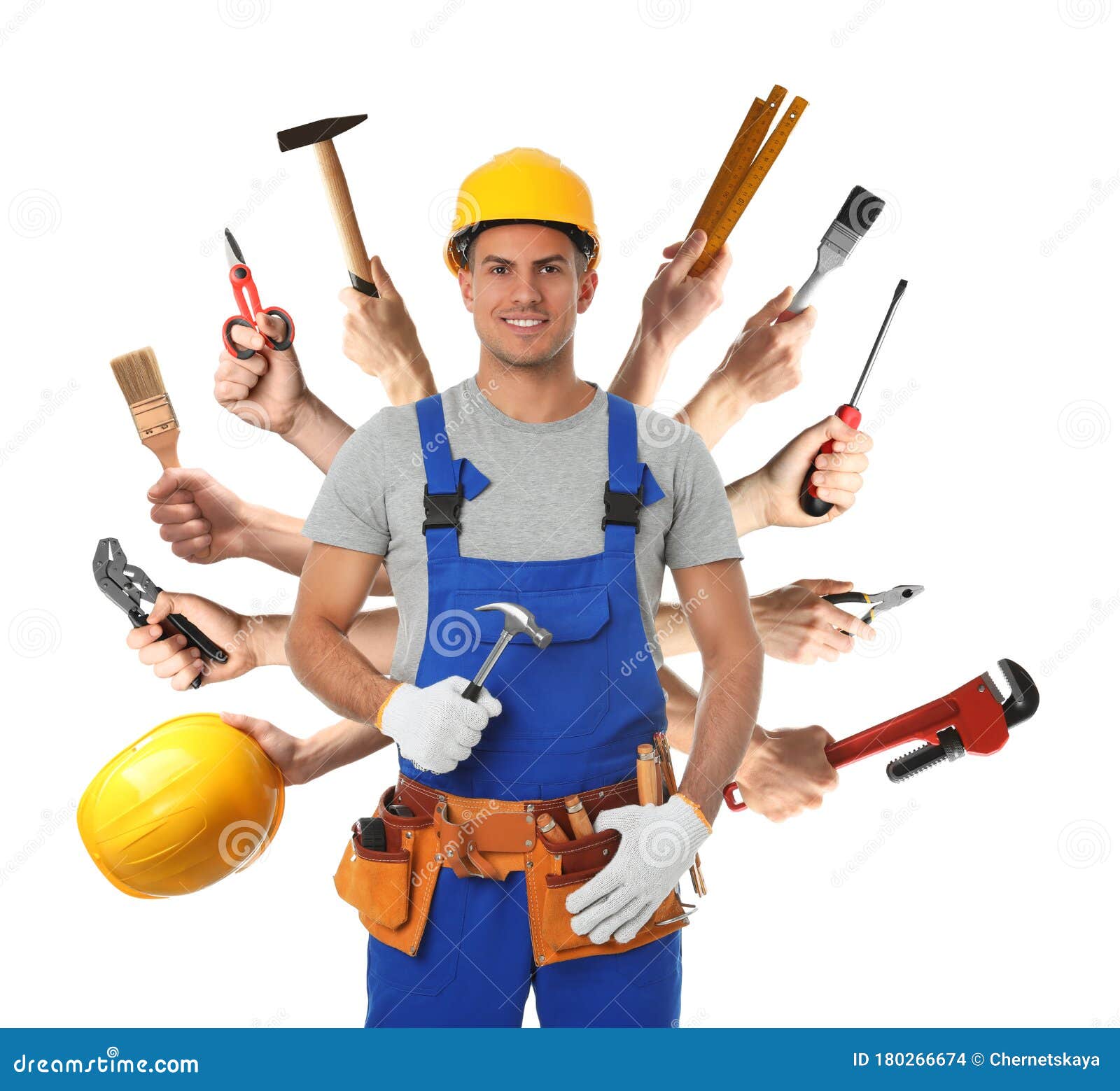 Multitasking Concept. Handyman with Tools on White Background Stock Photo - Image of construction, hardhat: 180266674