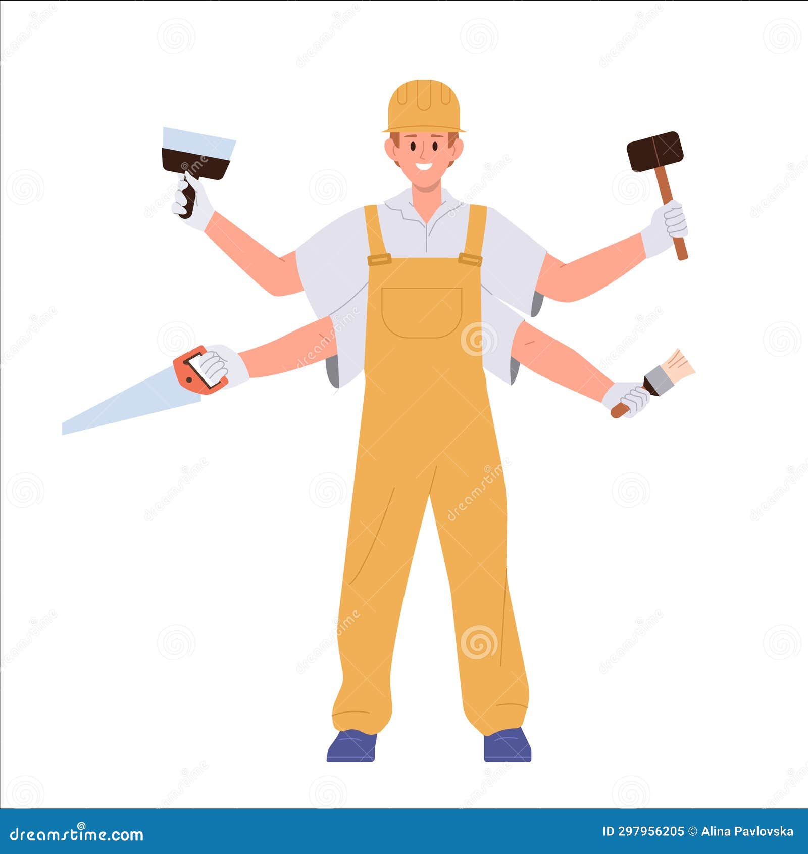 Multitasking Handyman Cartoon Character Having Lots of Arms with ...