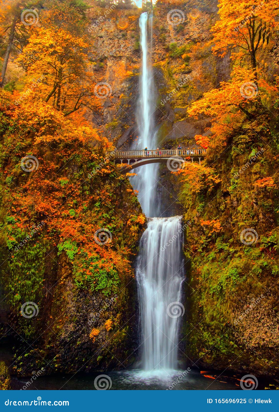 multnomah falls in the columbia river gorge of oregon with beautiful fall colors.