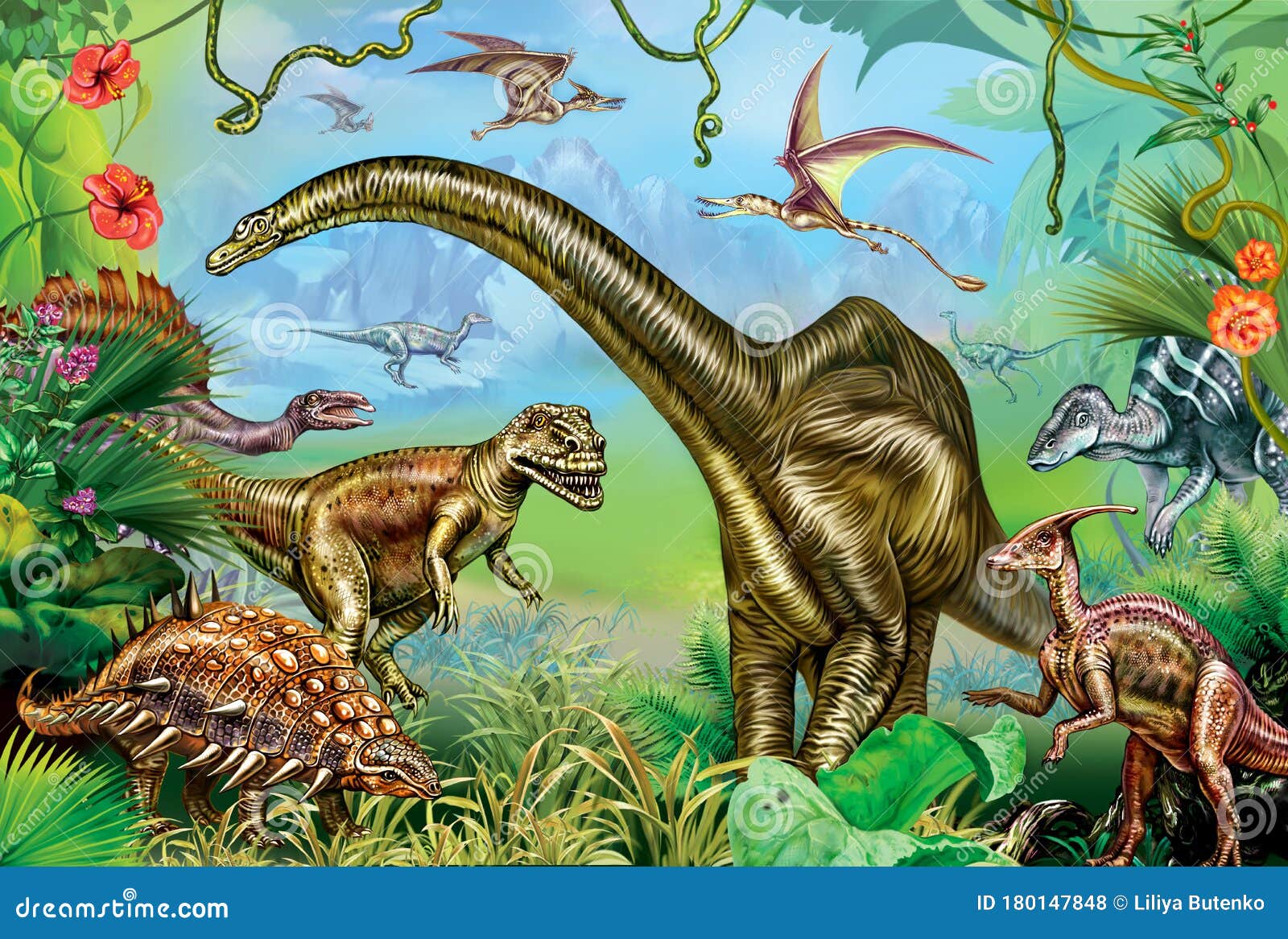 Mural de Parede decorativo Mundo de Dinossauros Desenho Realista