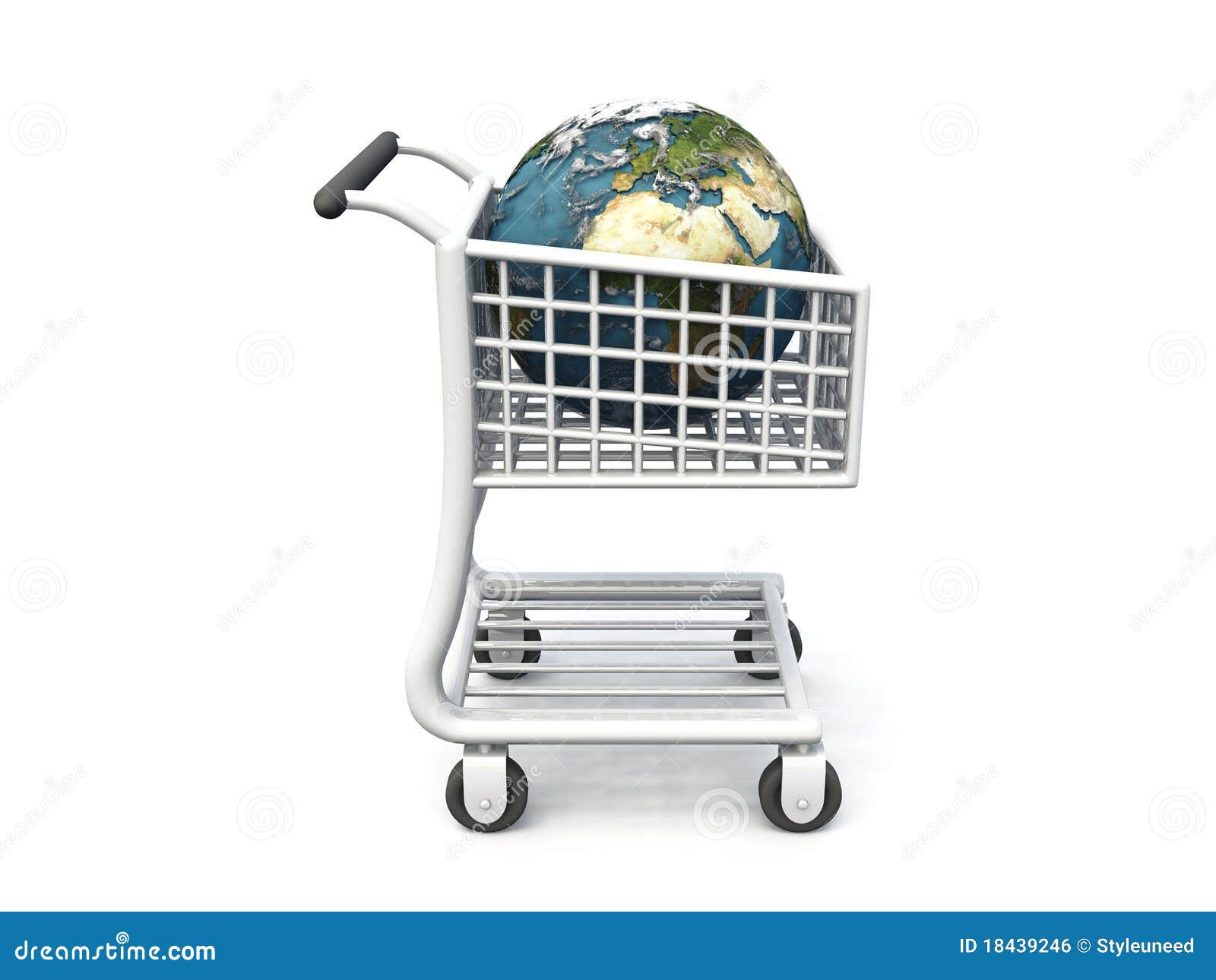 Mundo en carretilla de las compras. Ilustración conceptual de la tierra o del mundo del planeta en el carro de compras de la carretilla; aislado en el fondo blanco.