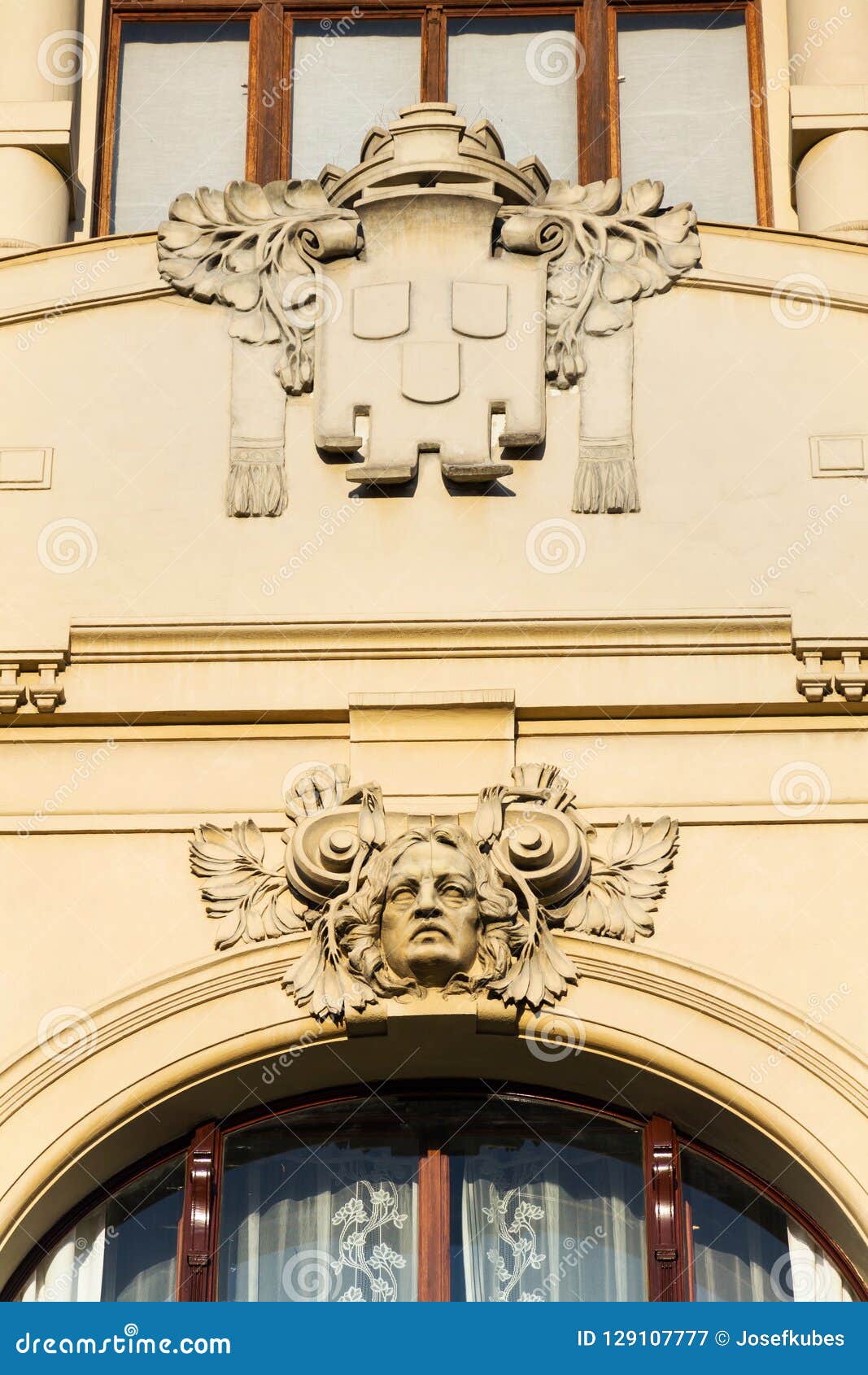 municipal house architectonic detail, art nouveau, prague, czech republic, sunny summer day