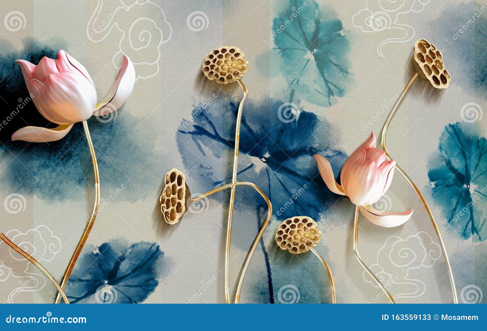 mural  of beautiful white flower decorative on gray wall background 3d wallpaper. graphical modern art with golden flo