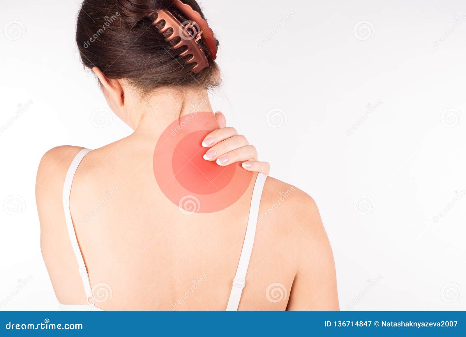 Muscle Spasm Woman With Neck And Shoulder Pain And Injury Back View