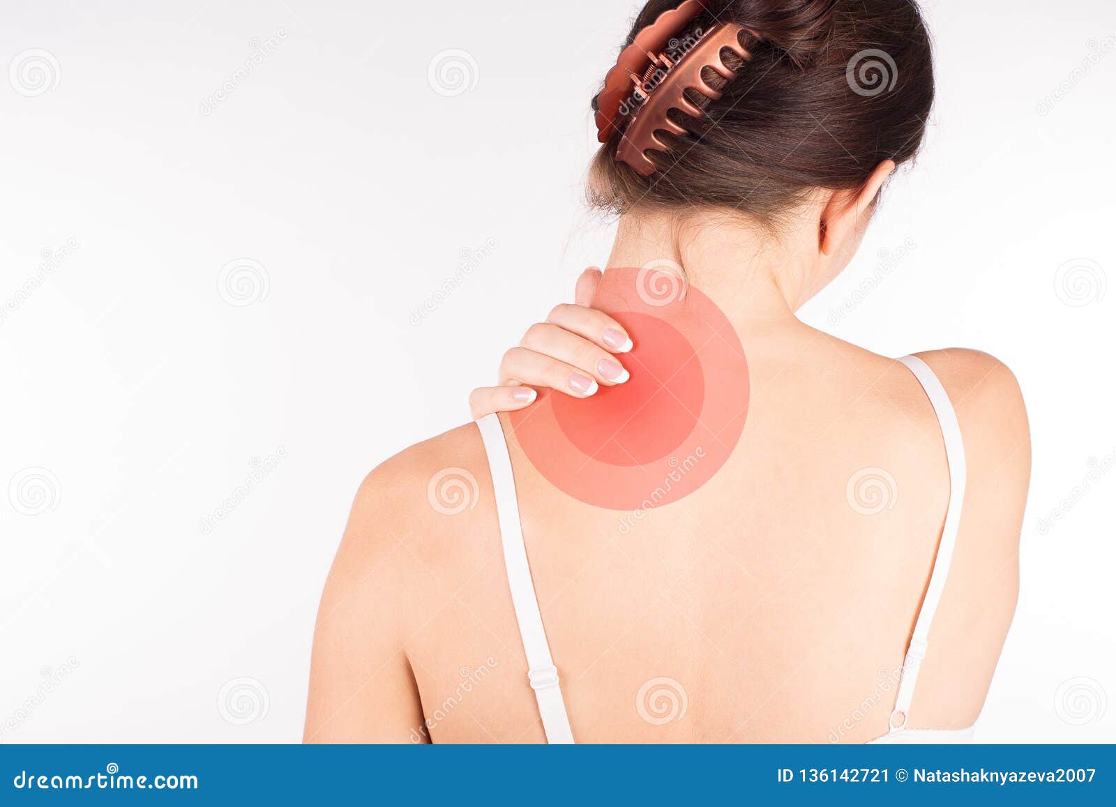 Muscle Spasm Woman With Neck And Shoulder Pain And Injury Back View