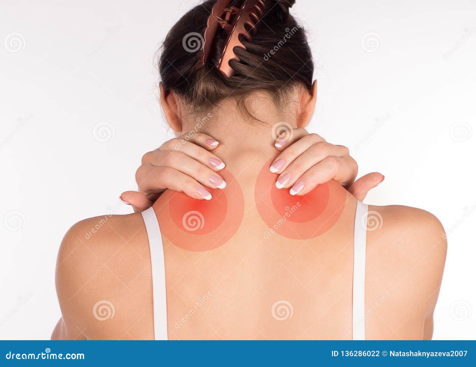 Muscle Spasm Woman With Neck And Shoulder Pain And Injury Back View