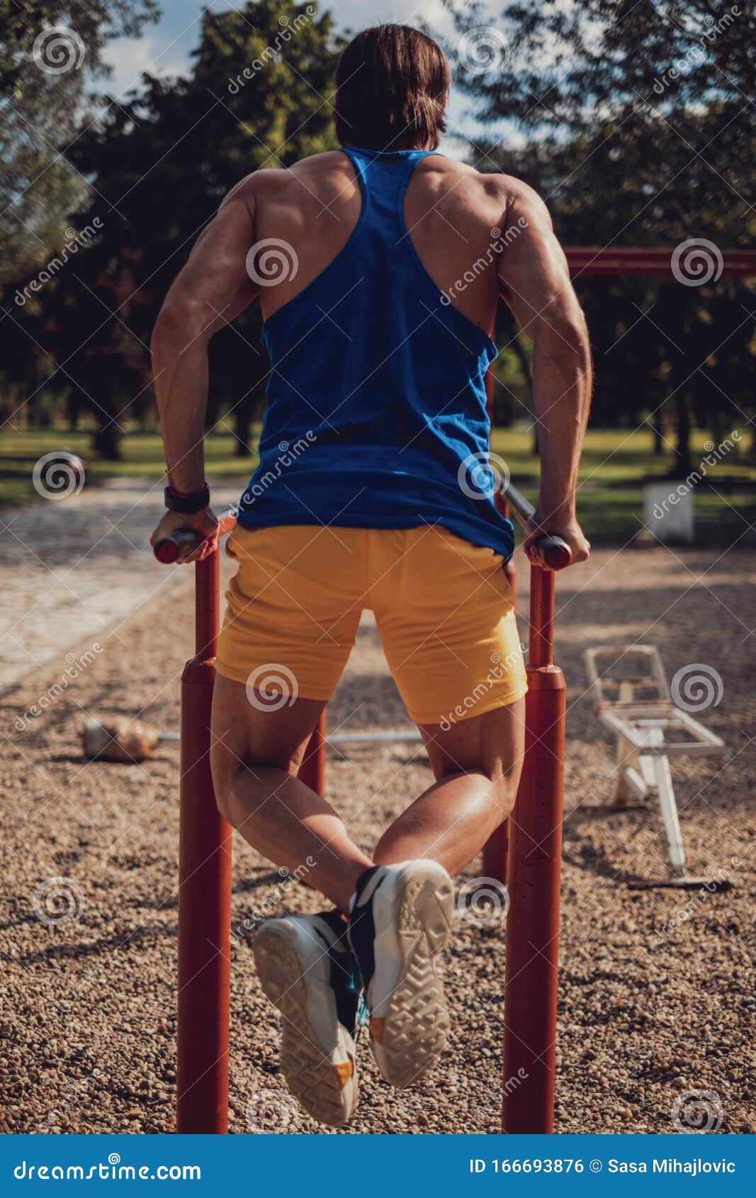 Muscular Athlete Doing Dips in the Park Stock Photo Image of body