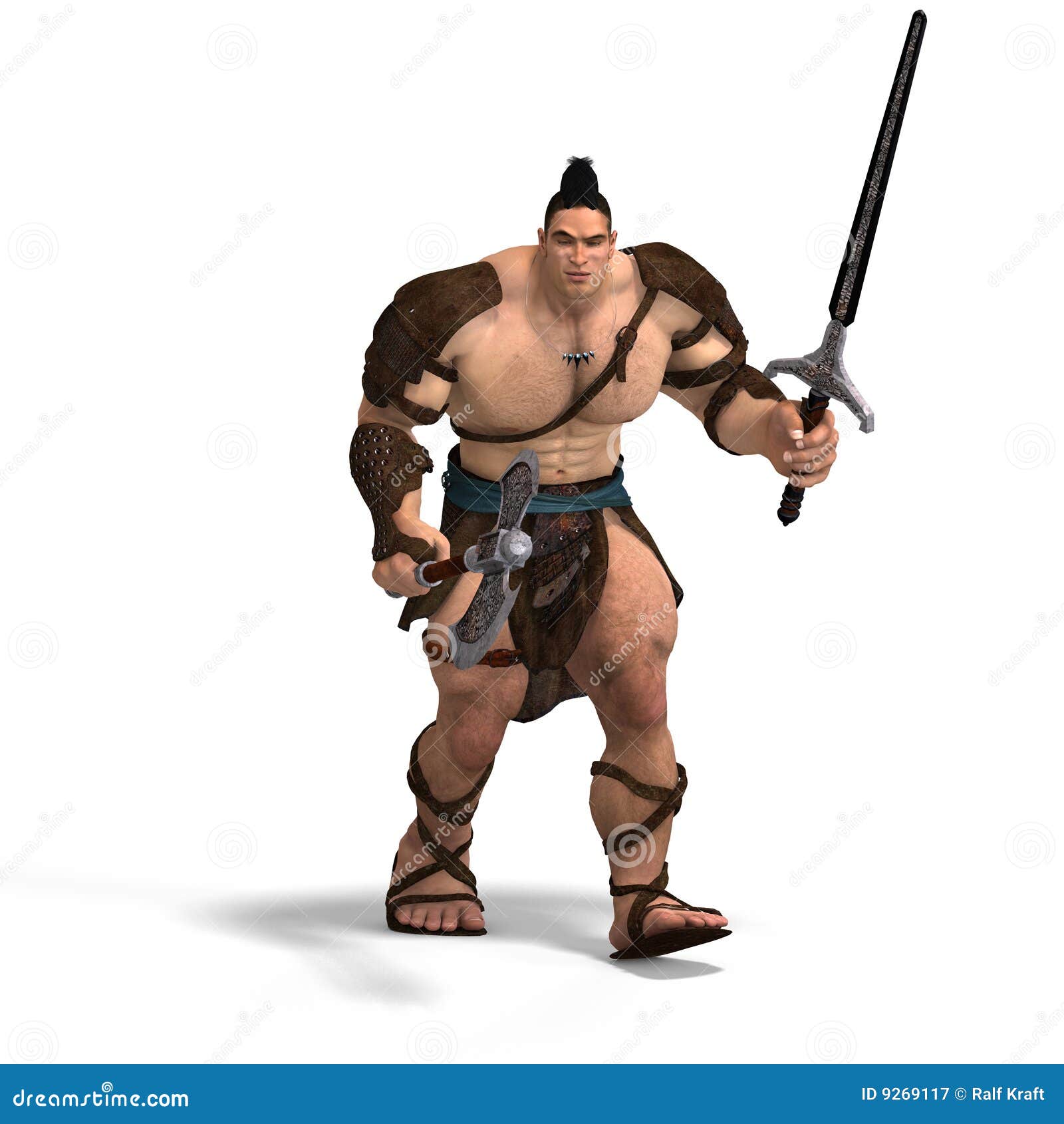 Muscular Barbarian Fight with Sword and Axe Stock Illustration