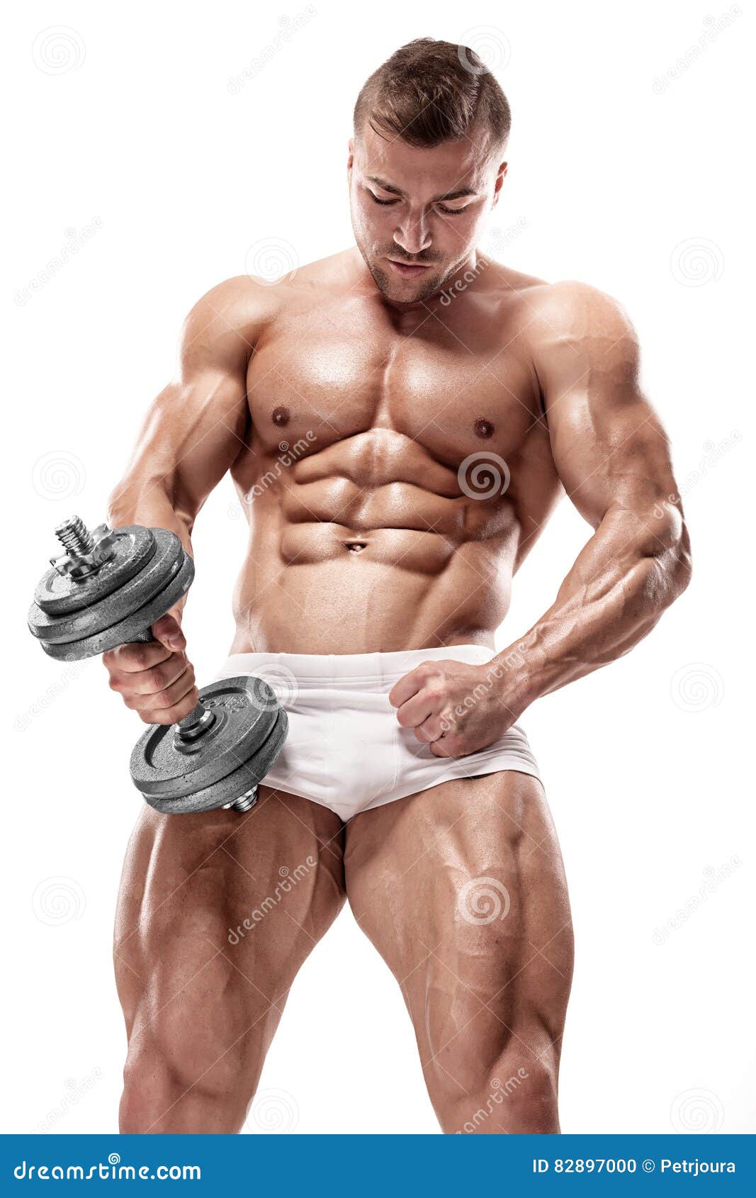 Muscular Bodybuilder Guy Doing Exercises with Gifts Over White B Stock  Image - Image of anniversary, dumbbell: 47889937