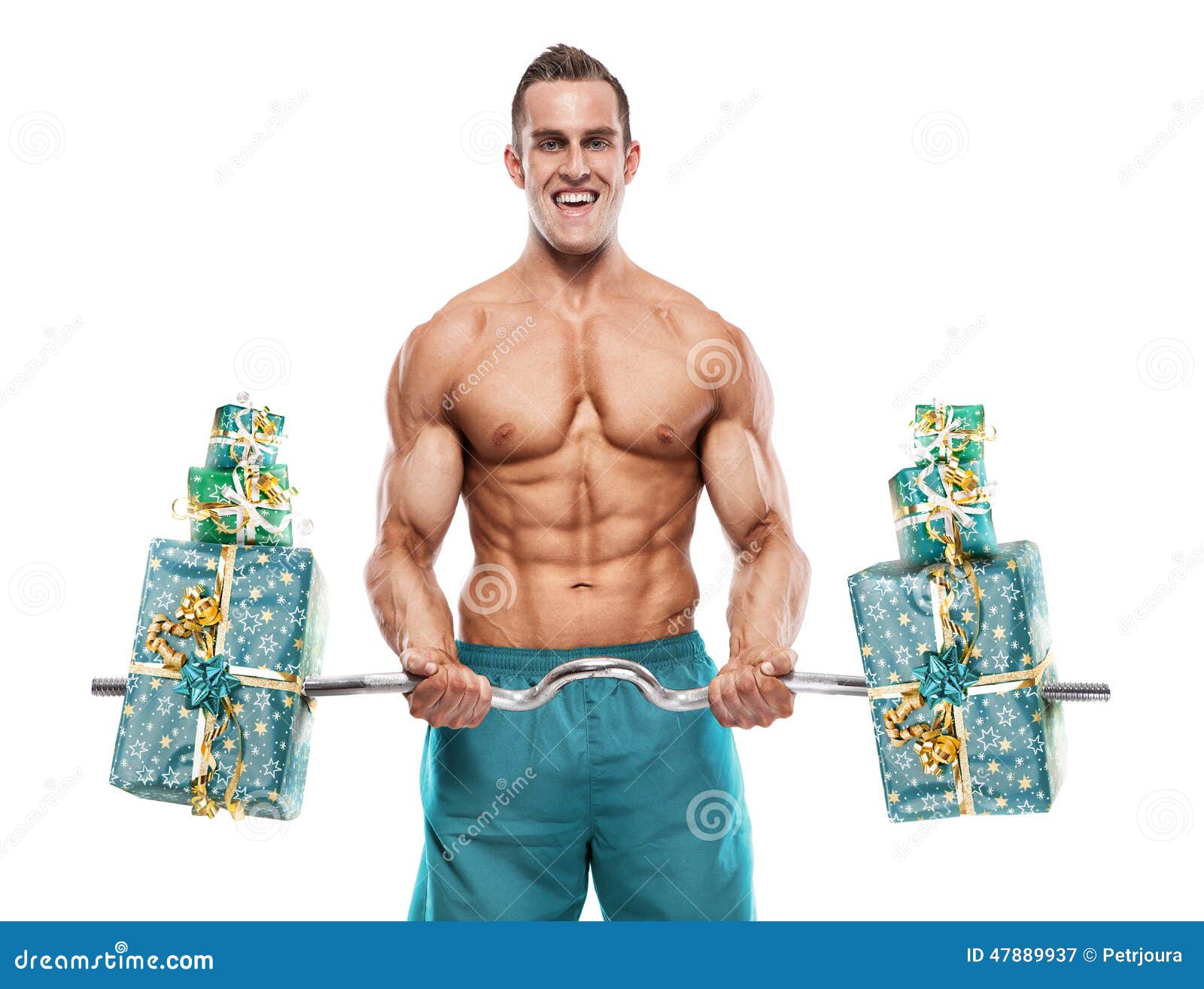 Muscular Bodybuilder Guy Doing Exercises with Gifts Over White B