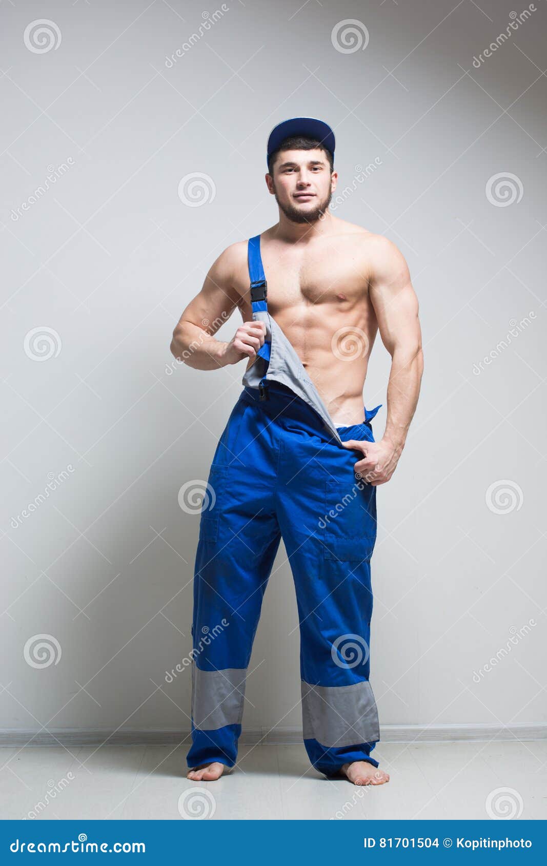 Muscular Construction Worker in Overalls Stock Photo Image of naked