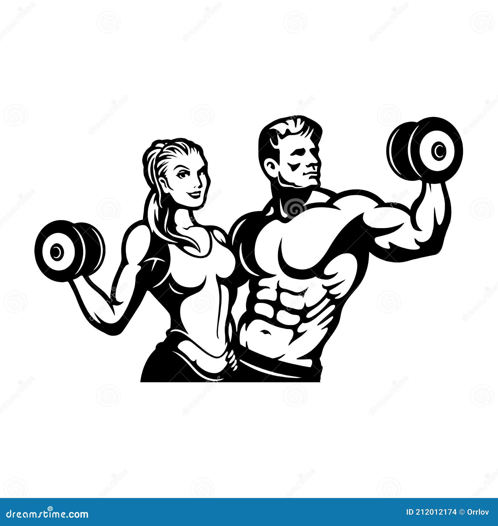 muscular fitness girl and man with dumbbells