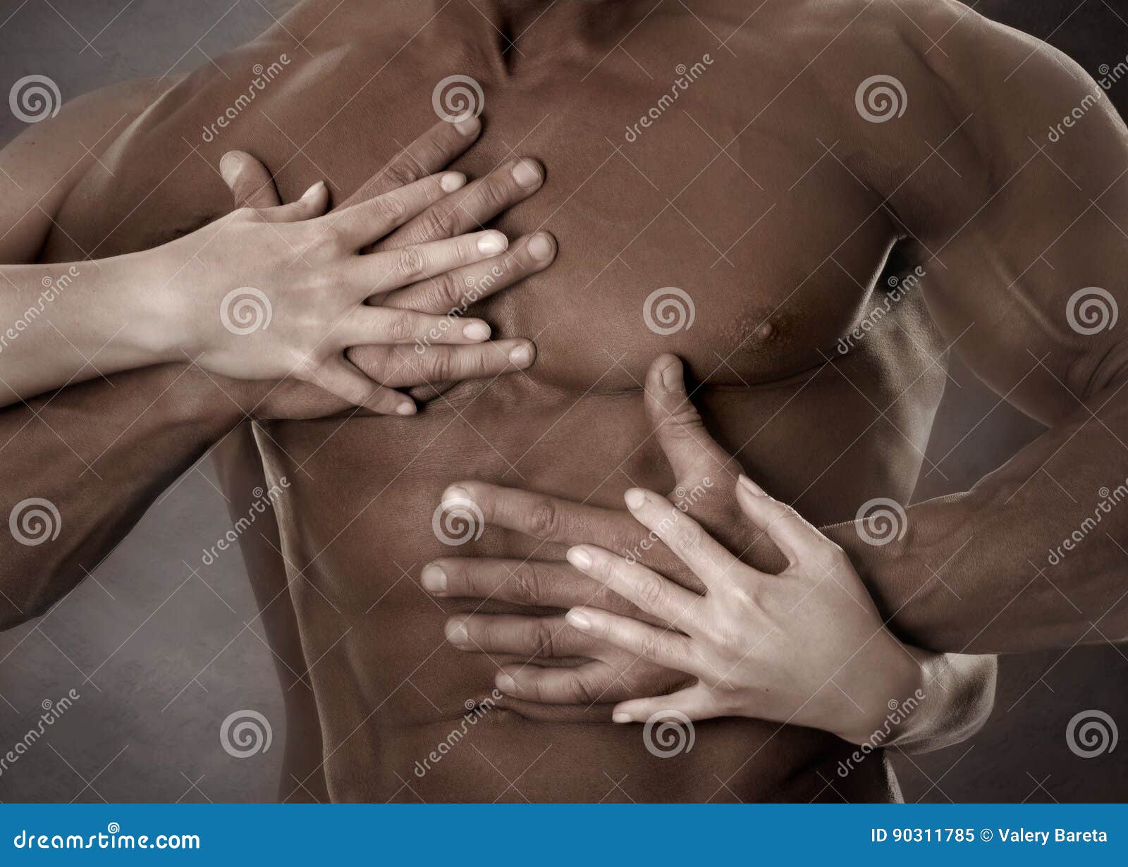 Woman hands touching muscular man's body art photo print iPad