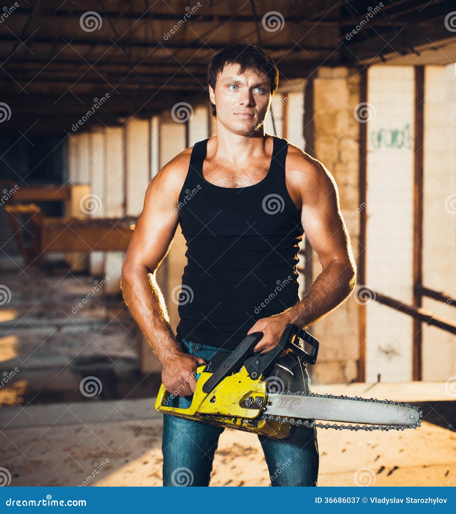 Muscular Man With A Chainsaw Royalty Free Stock Photography - Image: 366860371309 x 1300