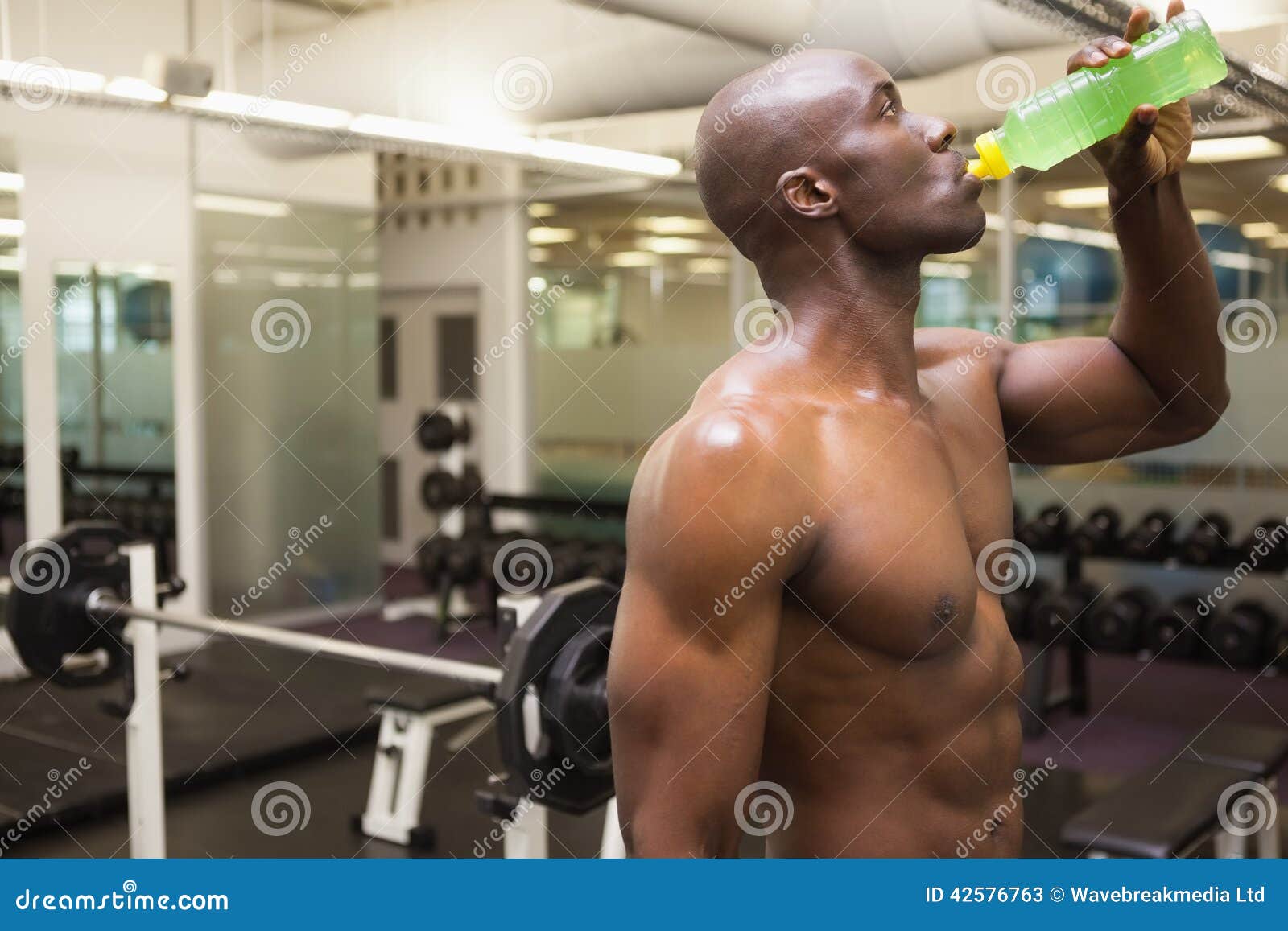 Muscular Man Drinking Energy Drink in Gym Stock Image Image of