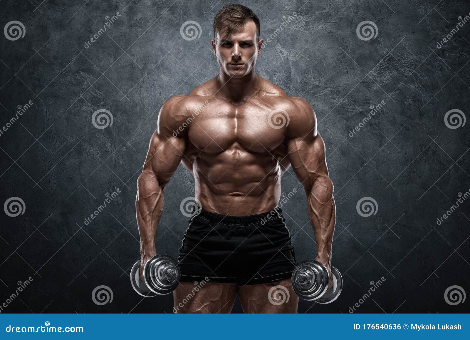 Muscular Man In Gym, Strong Male Naked Torso Abs. Stock 