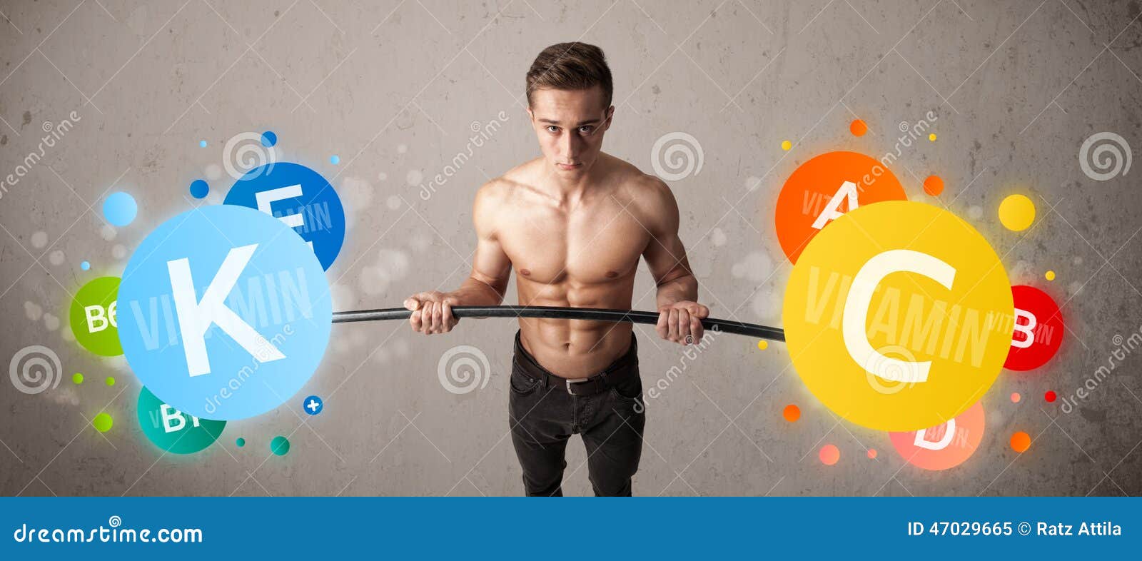 Muscular Man Lifting Colorful Vitamin Weights Stock Image Image of