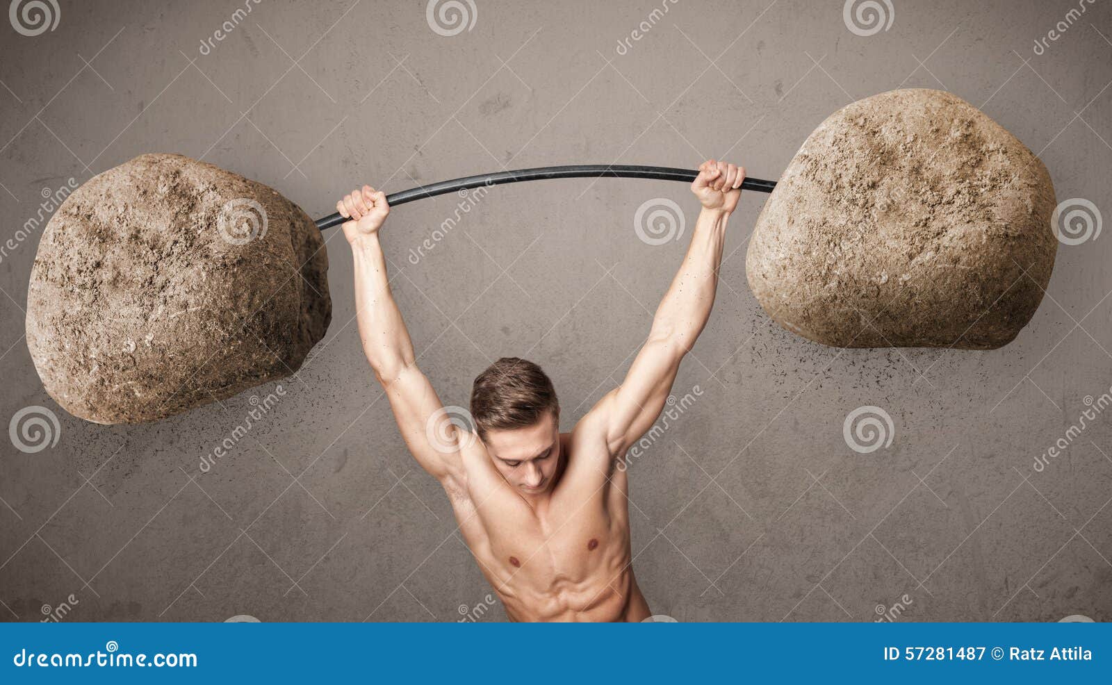 Muscular Man Lifting Large Rock Stone Weights Stock Image Image of