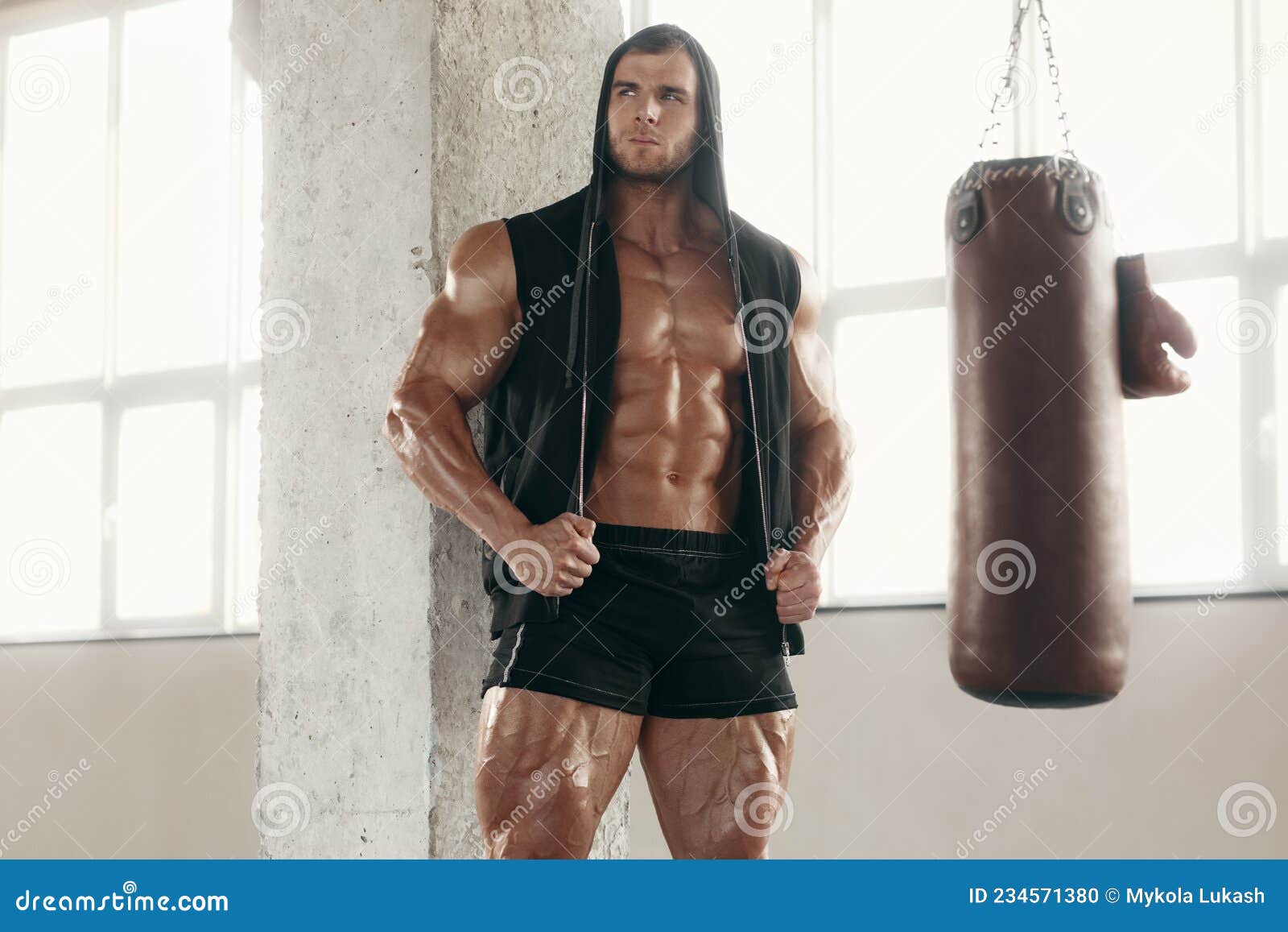 Muscular Man Showing Muscles In Gym Strong Male Naked Torso Abs Stock Photo Image Of Exercise