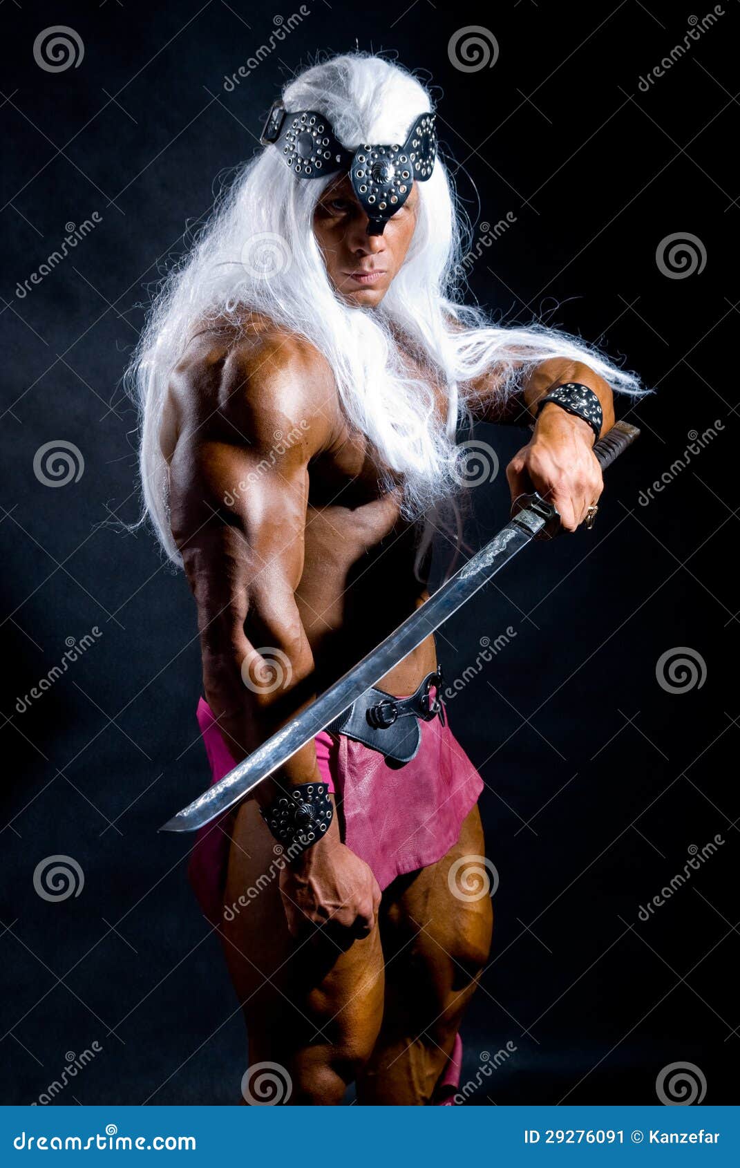 muscular man warrior with white long hair holding a sword