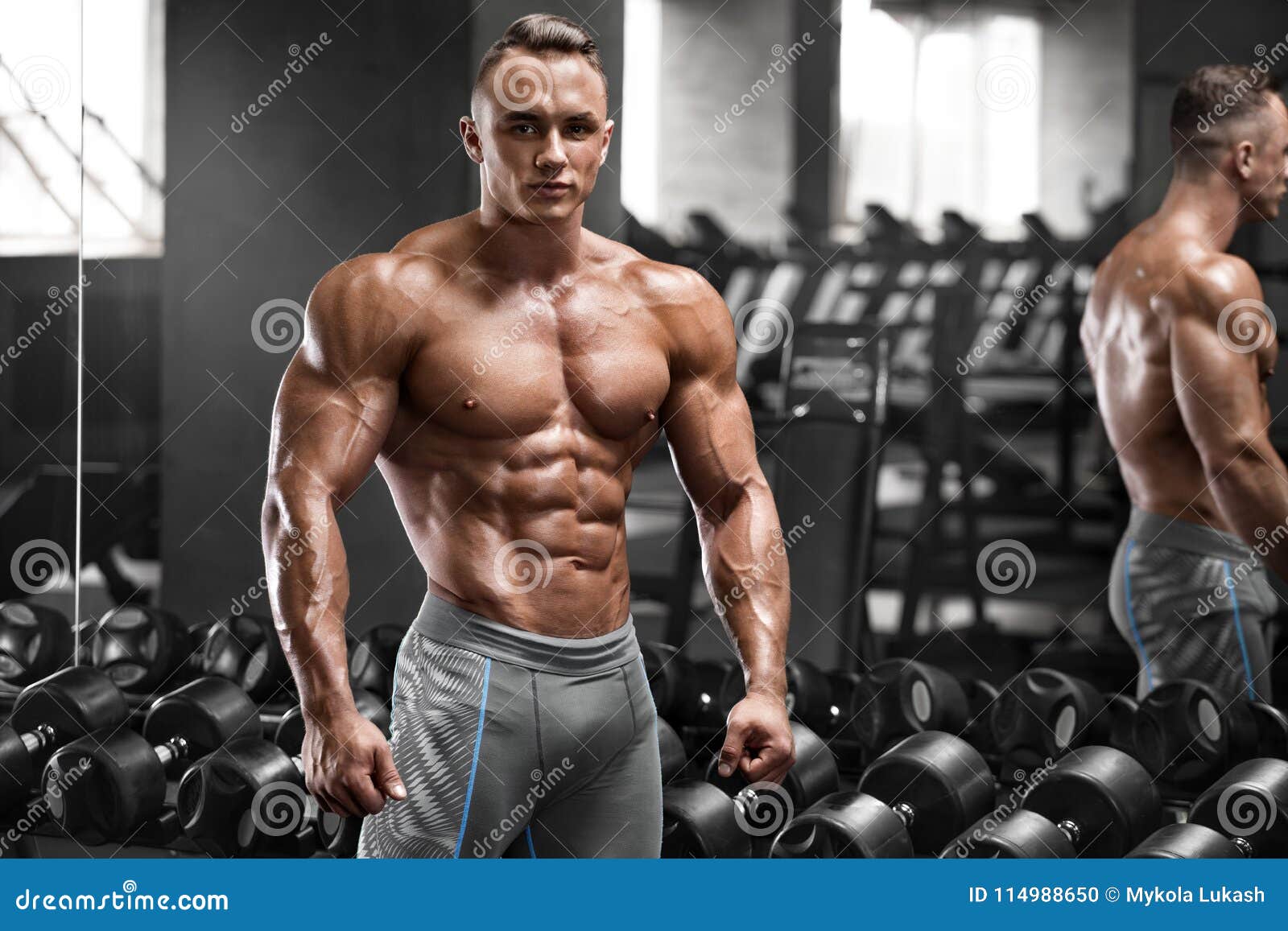 Muscular Man Fitness Model. Strong Male Naked Torso Abs 