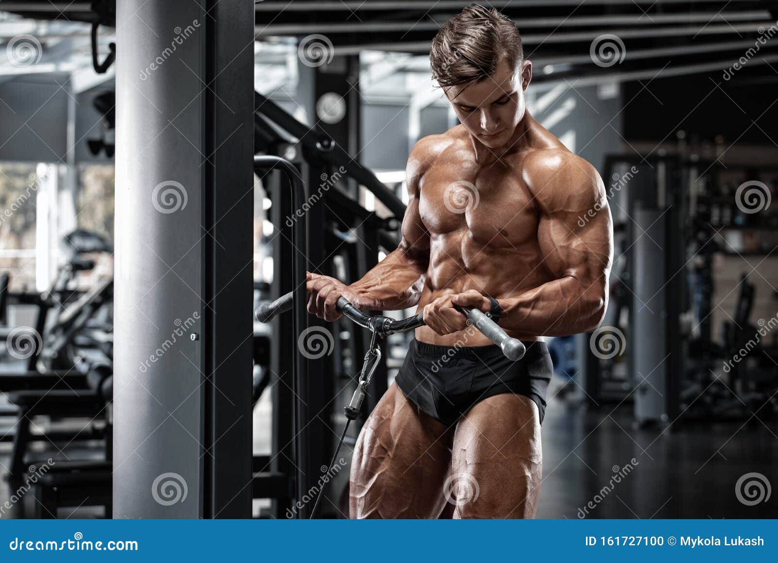 Muscular Man Workout In Gym Strong Male Naked Torso Abs 