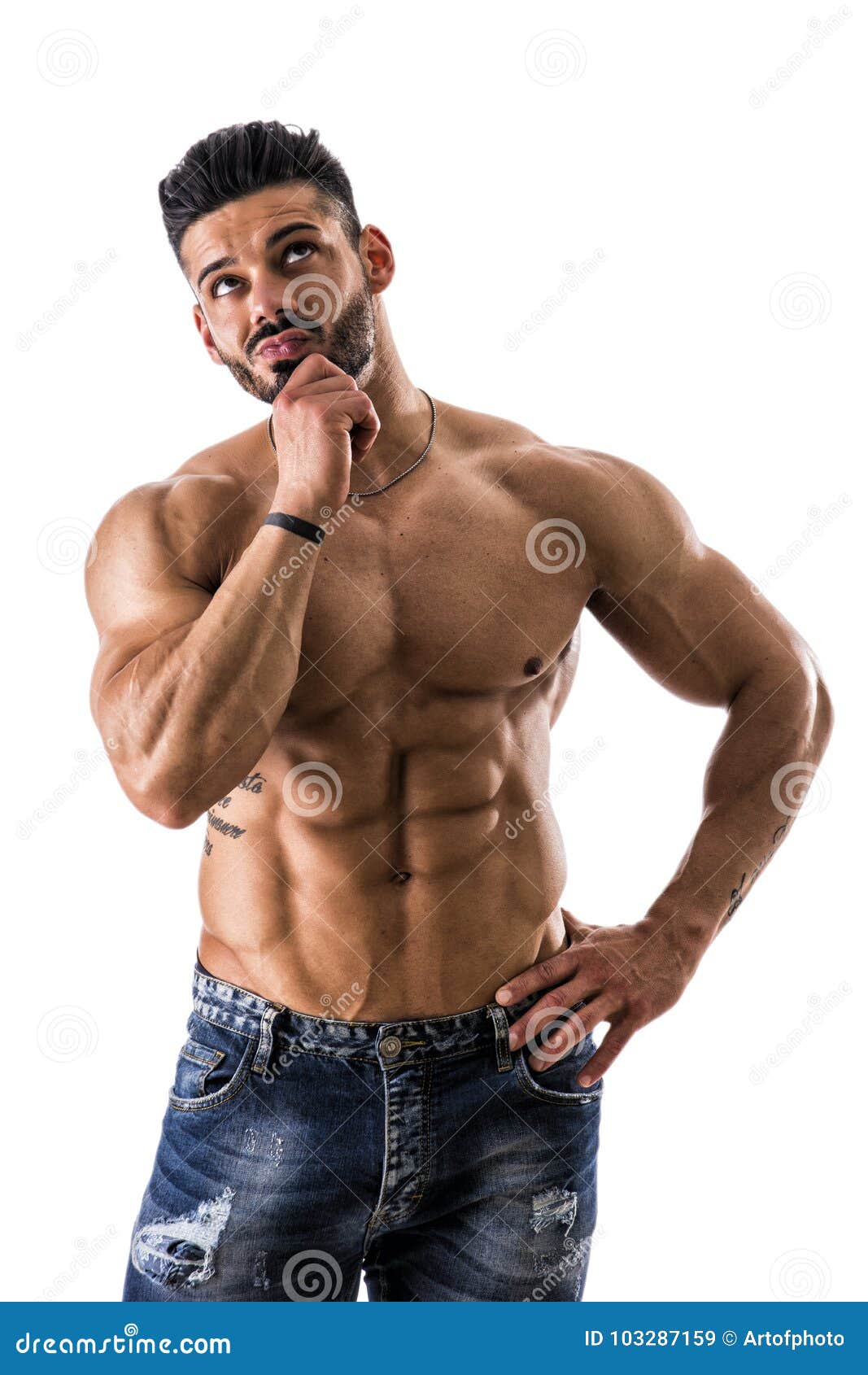 Muscular Shirtless Man Unsure or Confused Stock Image - Image of people ...