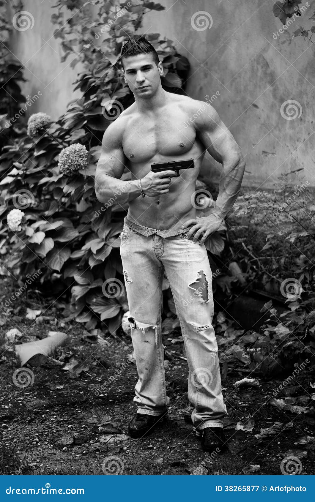 Muscular Shirtless Young Man with a Gun in His Hand Stock Image - Image of  handsome, muscle: 38265877