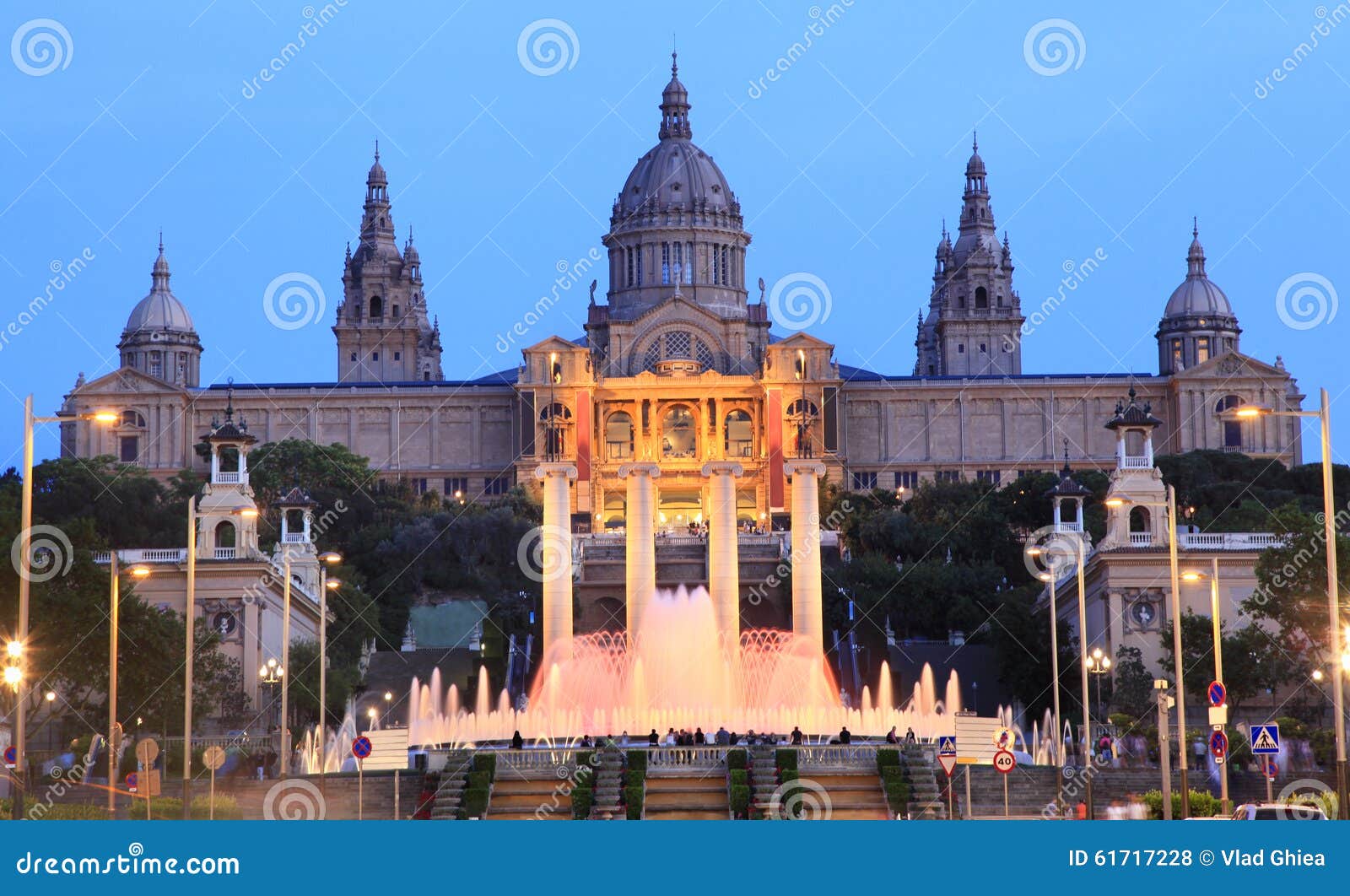 museu nacional d'art de catalunya at dusk, barcelona, spain