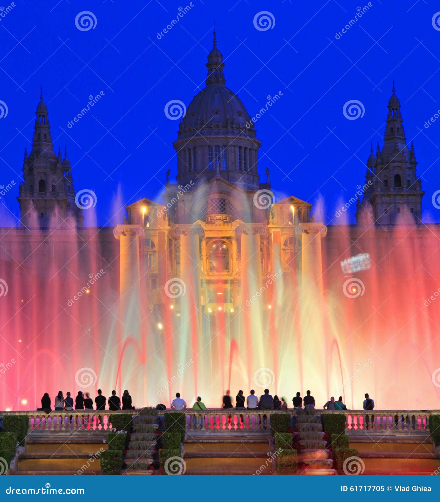 museu nacional d'art de catalunya and magic fountain at dusk, barcelona, spain