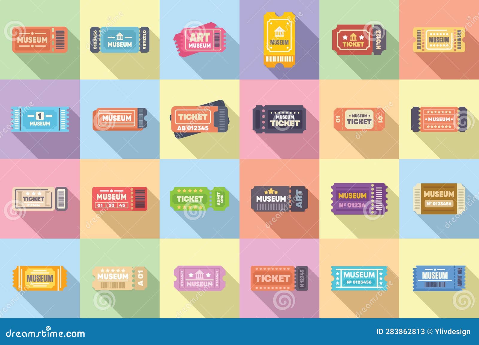 Museum Ticket Icons Set Flat Vector. Control Guide Stock Illustration