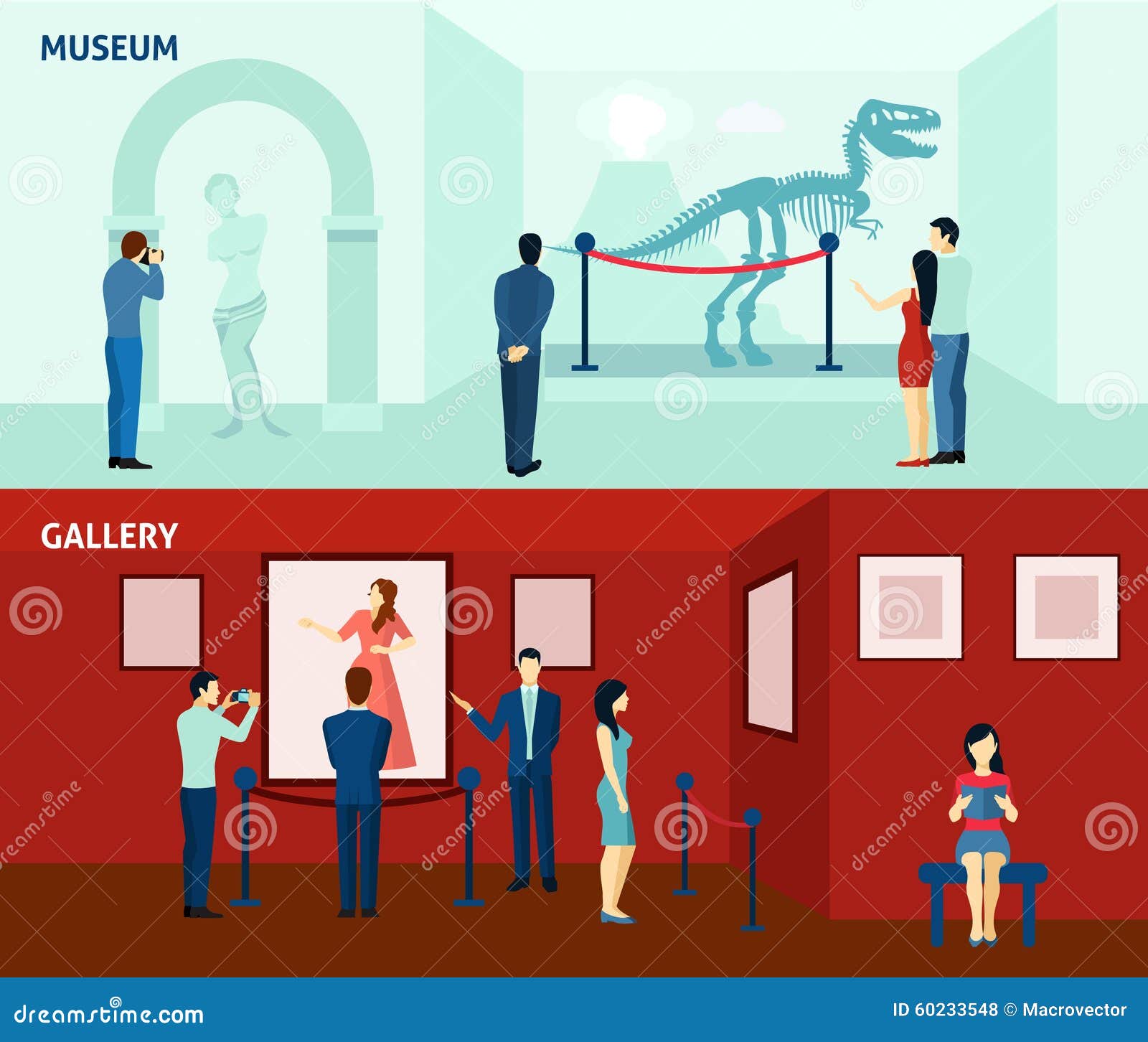 museum visitors 2 flat banners poster