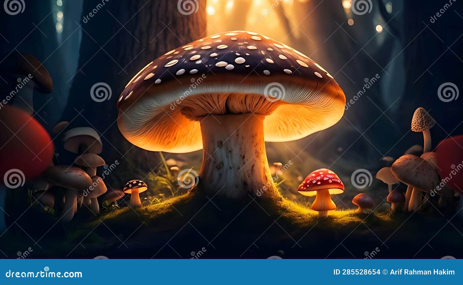 Mushroom, Glowing in the Dark of Forest AI Generated Image Stock
