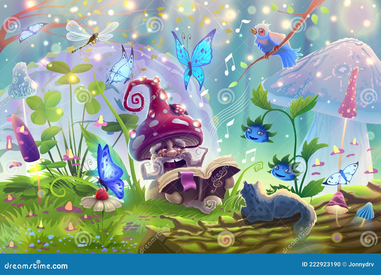 Mushroom in Magic Forest with Fantasy Wild Animals in Summer Garden  Landscape Sings a Song among the Trees, Butterflies, Sunlight Stock Vector  - Illustration of outdoors, drawing: 222923190