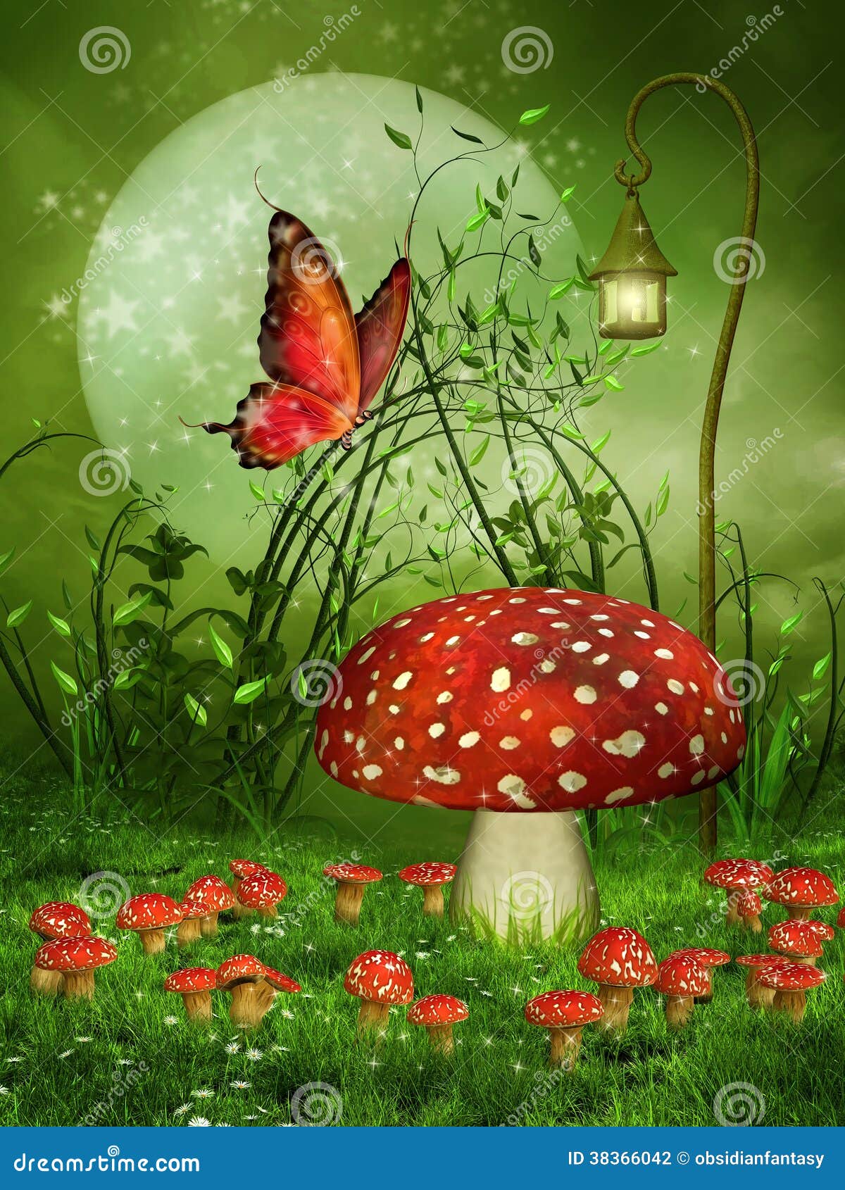 Mushroom Meadow and Butterfly Stock Illustration Illustration of landscape, spring 38366042