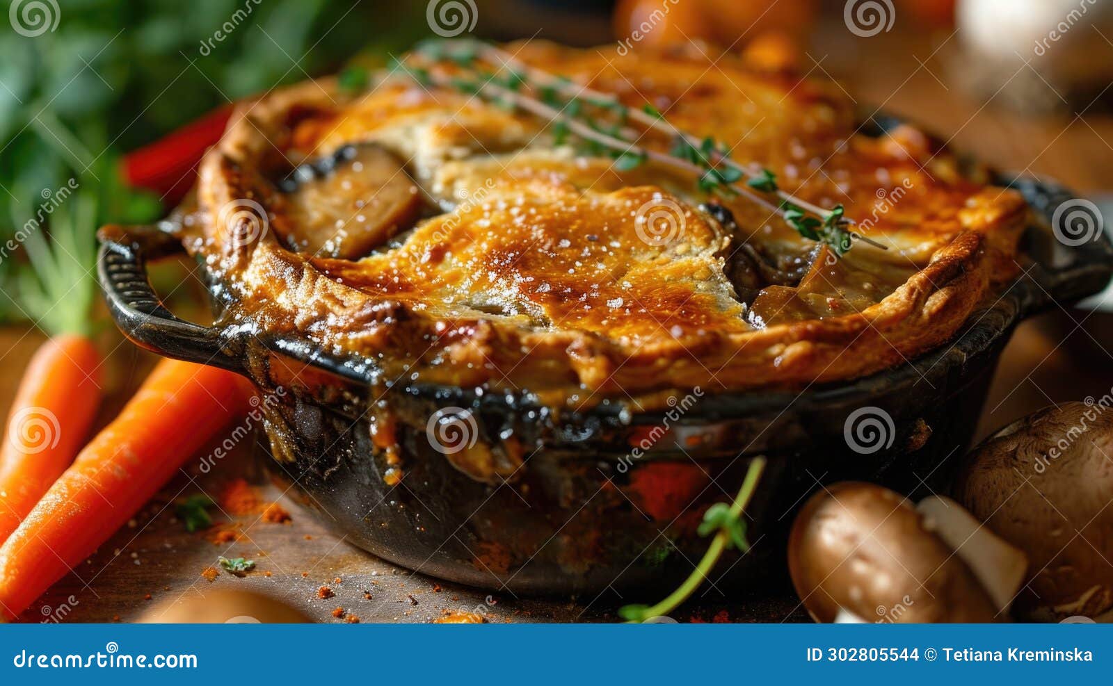 mushroom potpie on wooden table