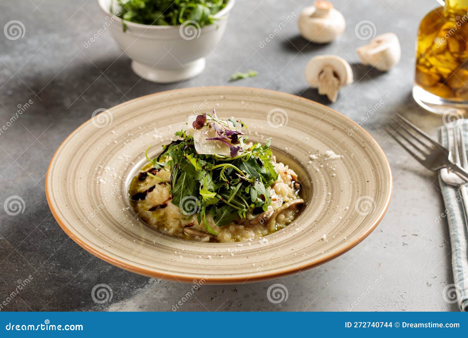 Mushroom Risotto Served in Dish Isolated on Table Top View of Arabic Breakfast Stock Photo