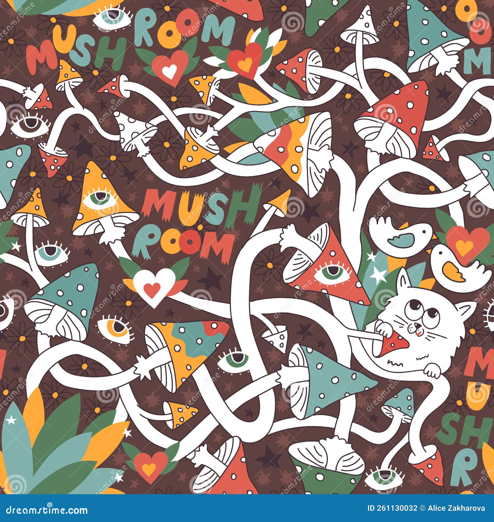 Mushrooms with Eyes Doodle Art Pattern Stock Vector Illustration of