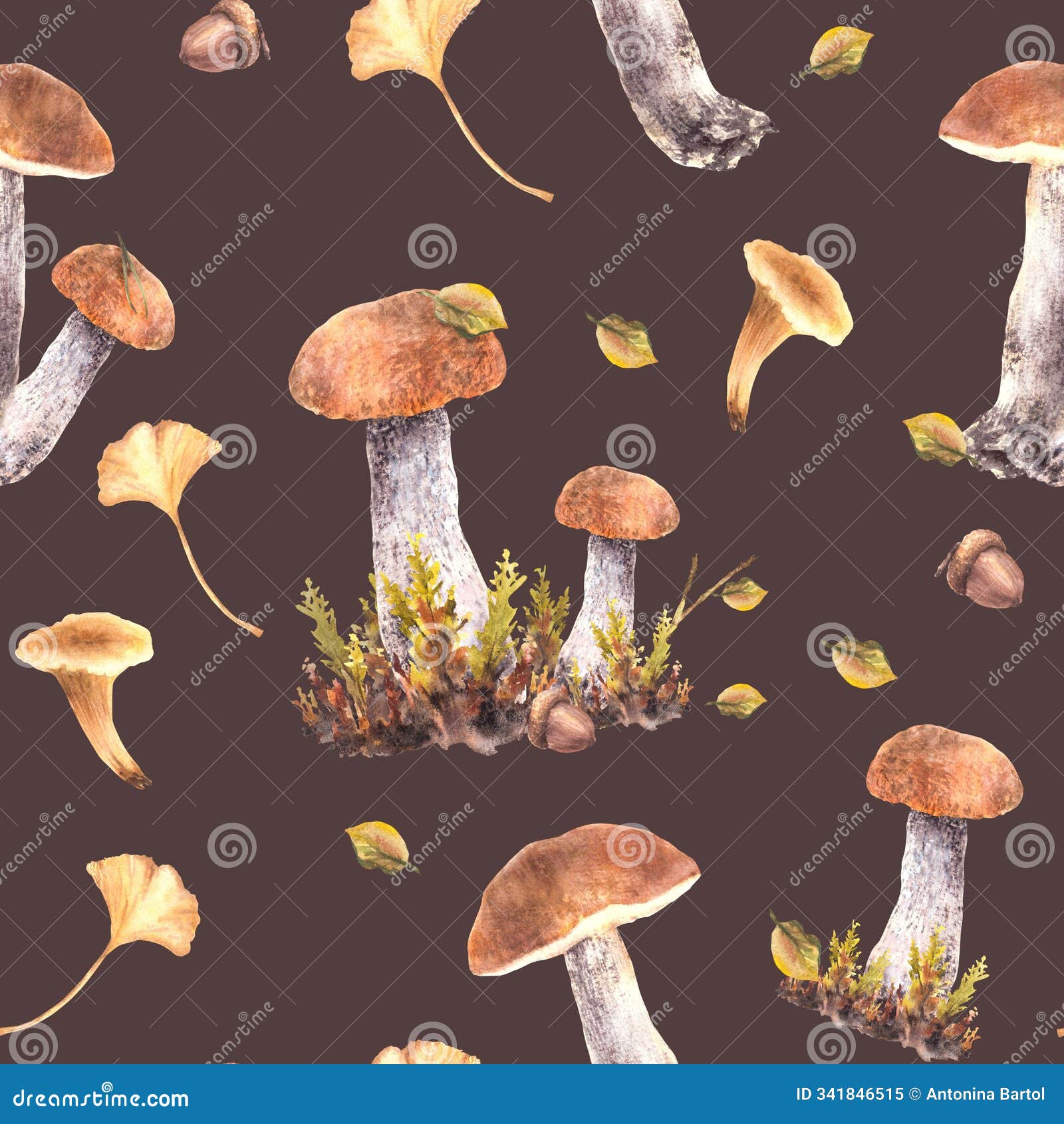 mushrooms fall seamless pattern boletus, chanterelle, moos, leaves and acorn watercolor 