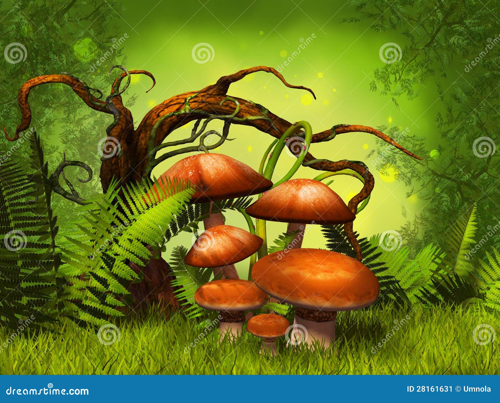 Mushrooms fantasy forest stock illustration. Illustration of silence