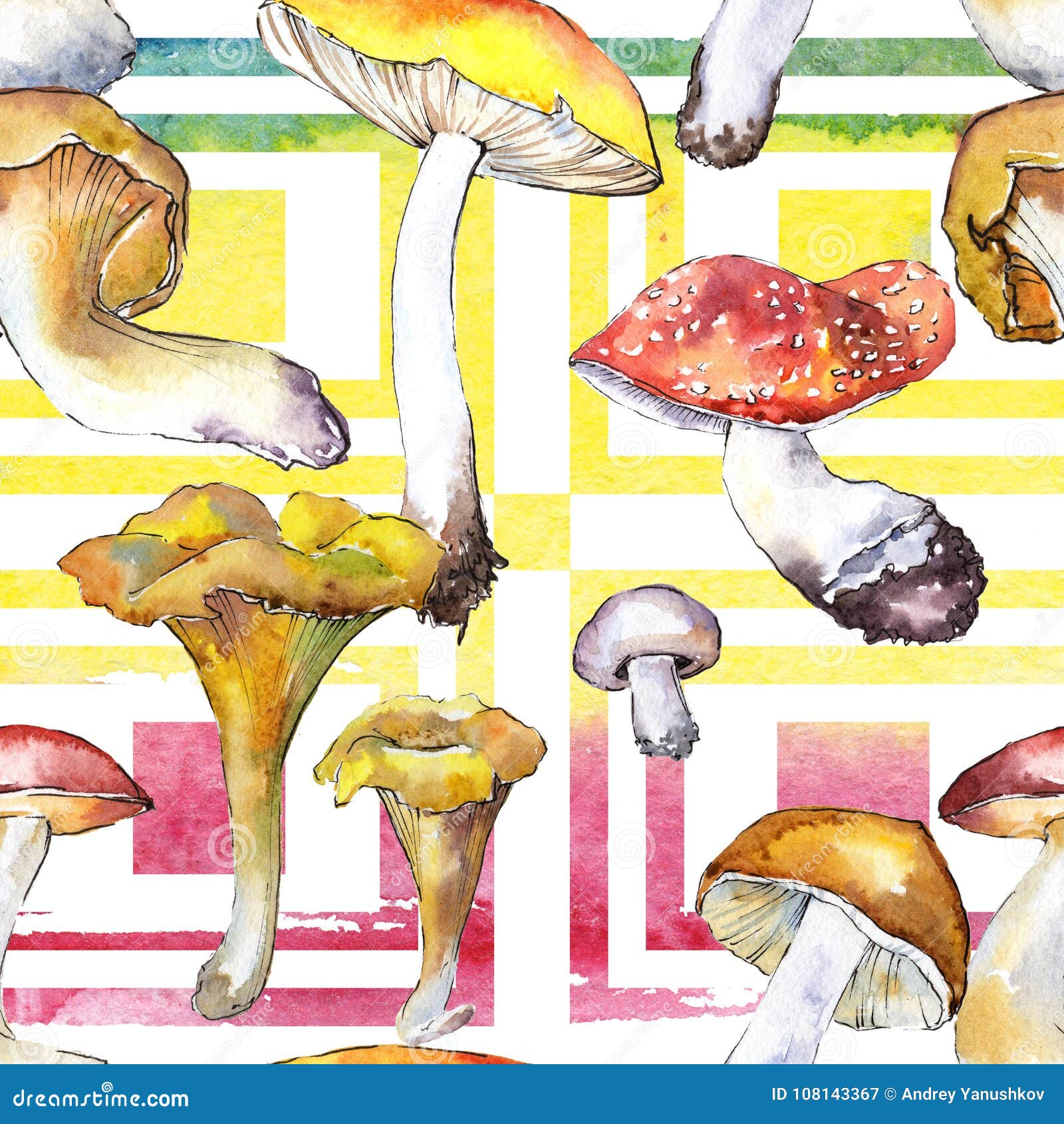 Mushrooms Healthy Food Pattern in a Watercolor Style. Stock ...