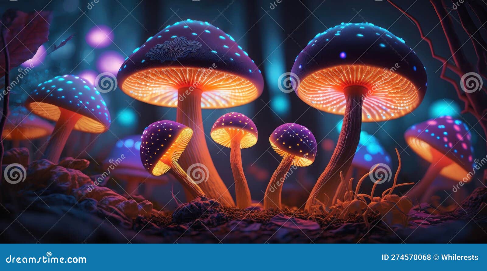 Mushrooms in the Night Forest. Psychedelic Hallucination Stock