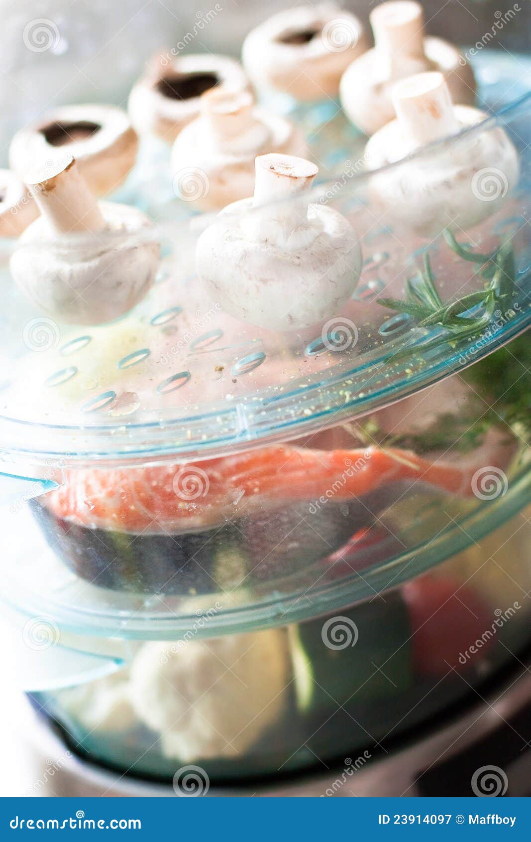 Mushrooms, And Salmon In Electric Steamer Stock Image - Image of