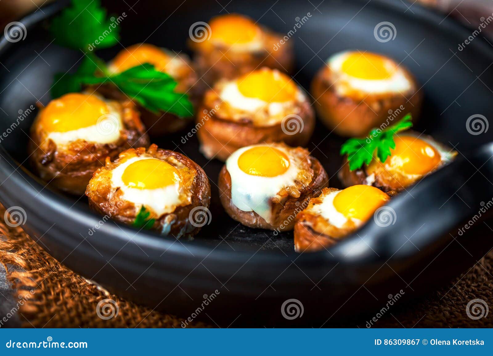 Mushrooms Stuffed with Quail Egg on Black Pan Stock Image Image of