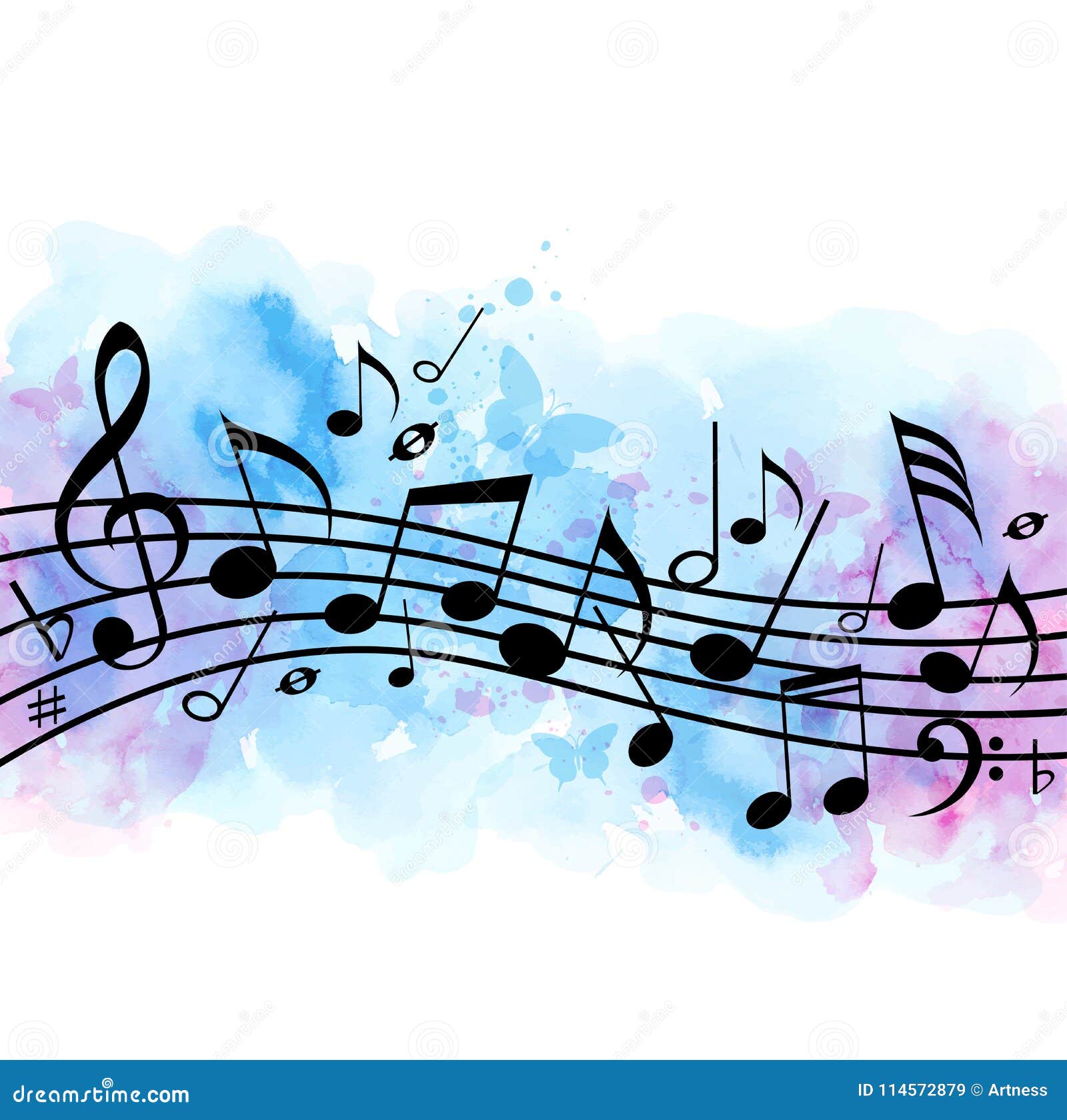 Music background with notes and blue watercolor texture