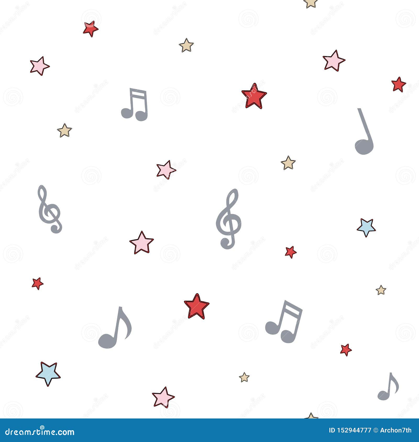 Music Background with Notes and Stars, Colored Seamless Pattern Stock