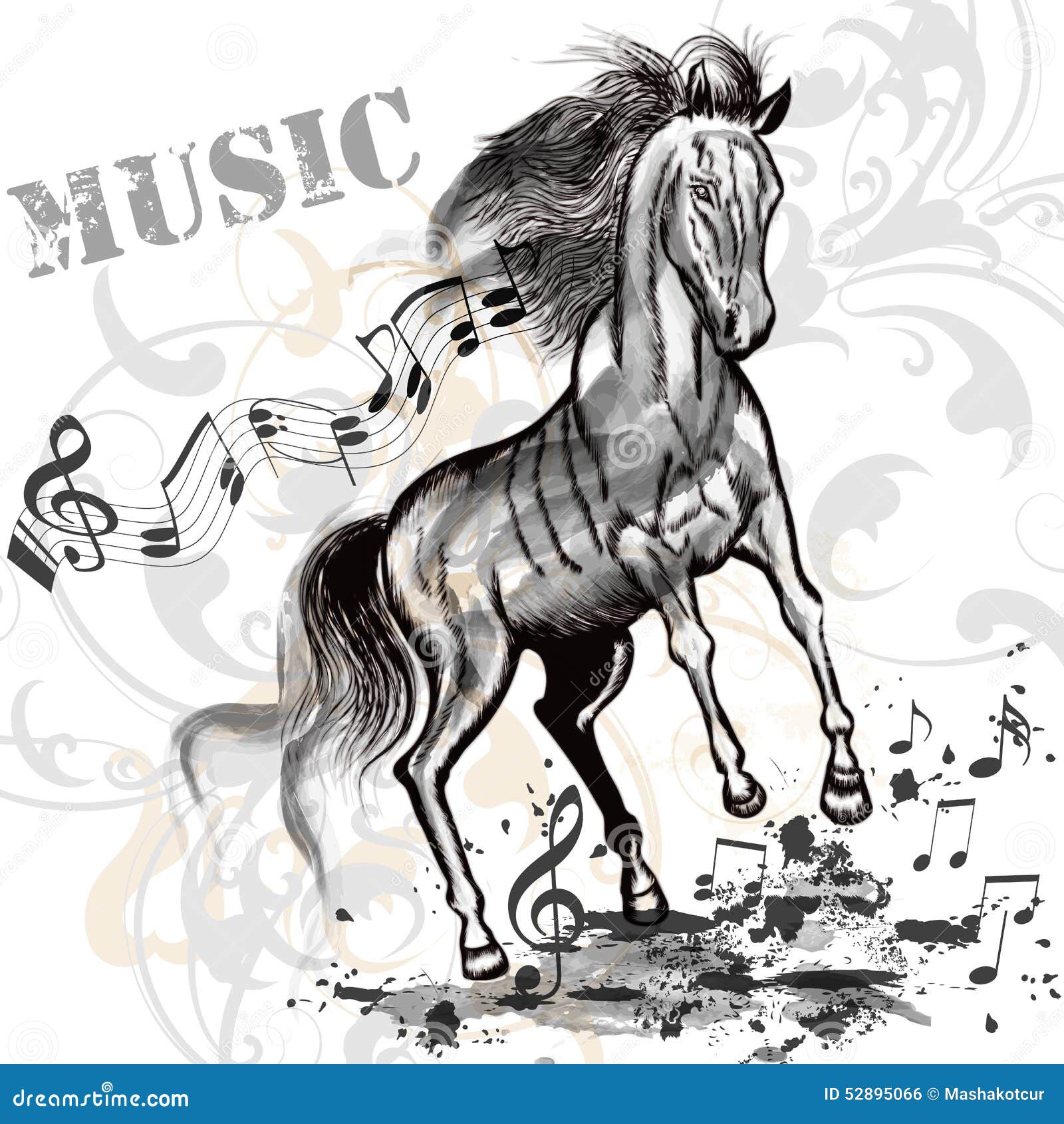Music Background with Running Horse and Notes Stock Vector