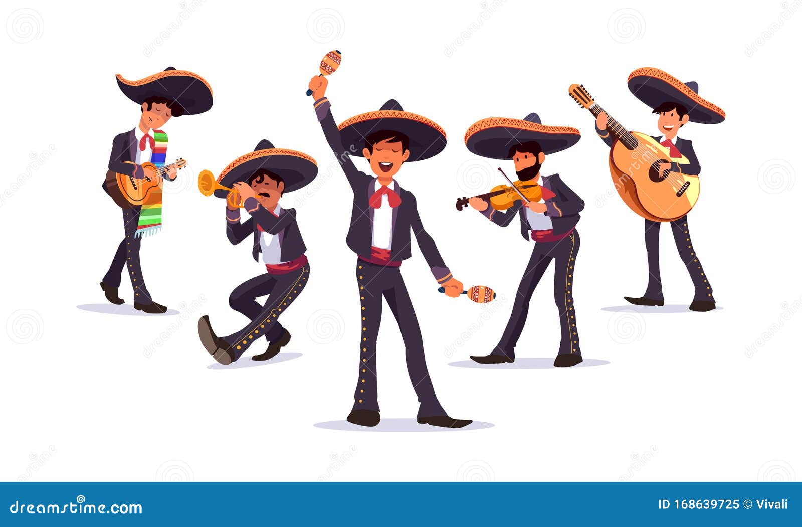 mexican musicians mariachi  set, with guitar and maracas, trumpet and violin.