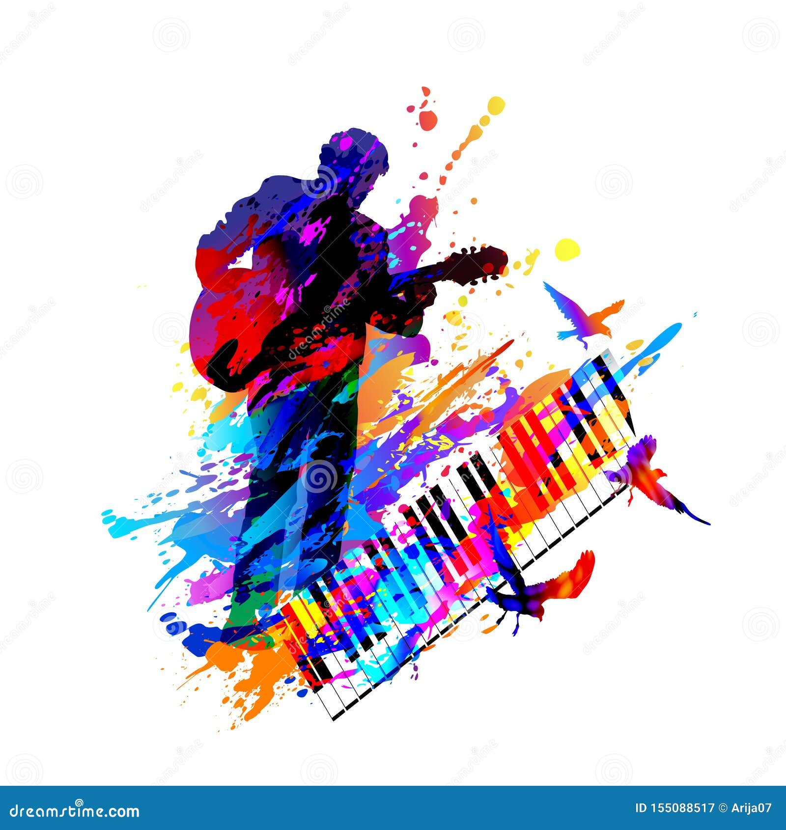 music festival background for party, concert, jazz, rock festival  with musician, guitarist and flying birds