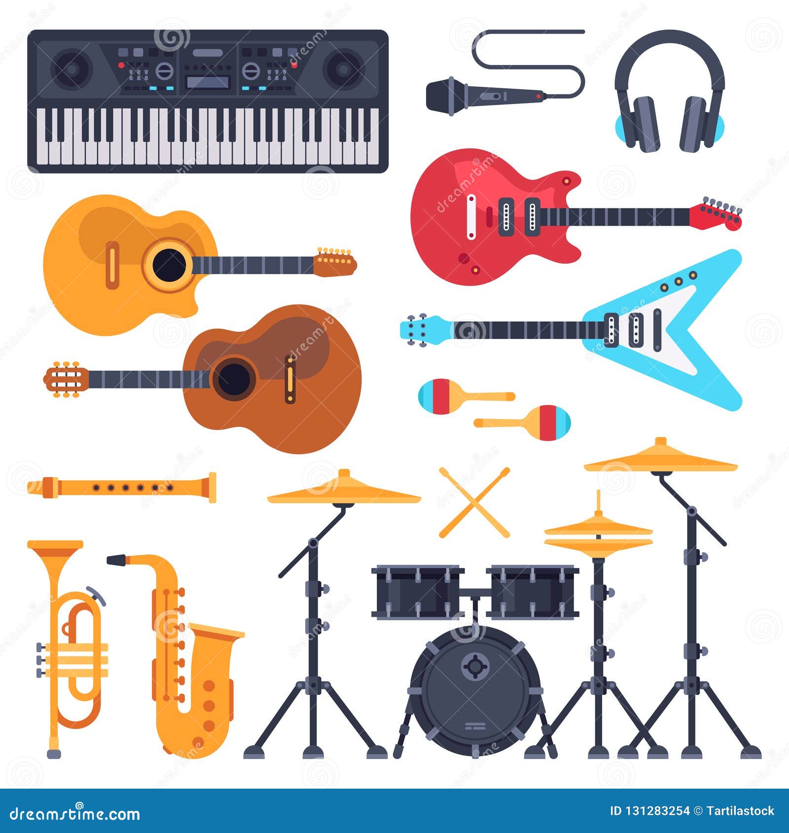 music instruments. orchestra drum, piano synthesizer and acoustic guitars. jazz band musical instrument flat  set